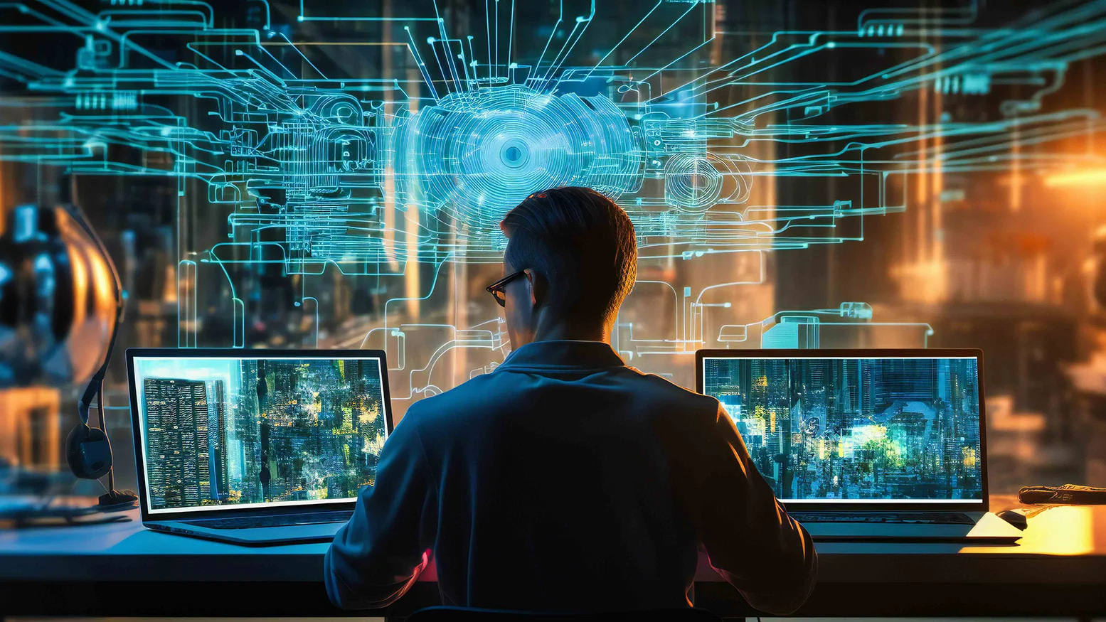 Man sitting before two laptops with imaginary lines of data over his head.
