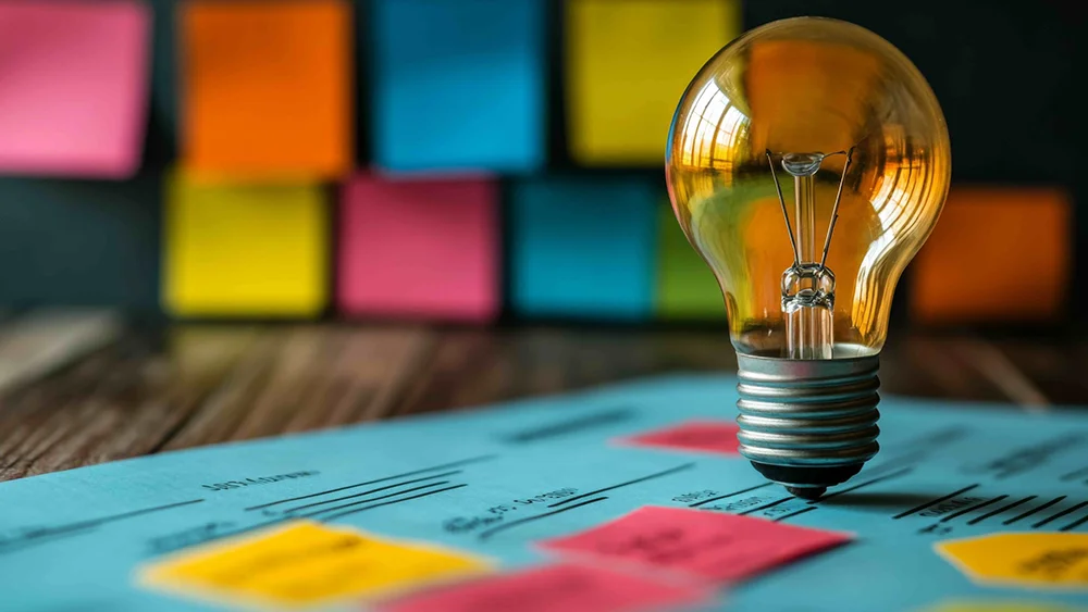 A lightbulb standing upright on a document covered with sticky notes.